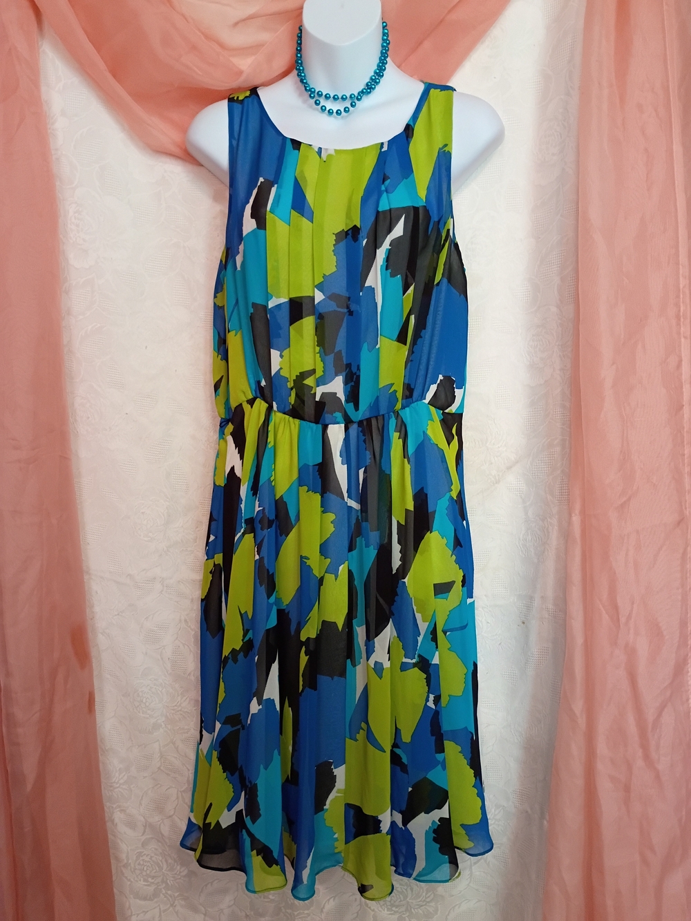 Vince Camuto Ladies Blue and Green Abstract Print Midi Dress Sz M